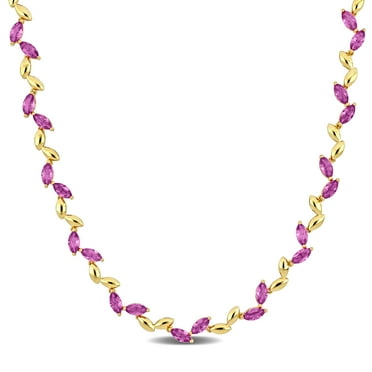 Miabella 20 3/8ct TGW Created Pink Sapphire Alternate Leaf Necklace in Yellow Plater Sterling Silver - 17 in
