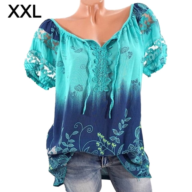 Blusa Camisa estampada de manga corta con cuello en V Blusa suelta Mujer Top de verano, Verde, XXL Sweethay AP001925-69