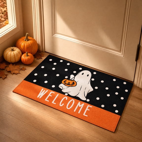 Kugisaki Halloween Pumpkin Doormat Welcome Entrance Cute Ghost Door Mat Carpet Entry Rug Floor Mat for Porch Patio Outdoor Indoor