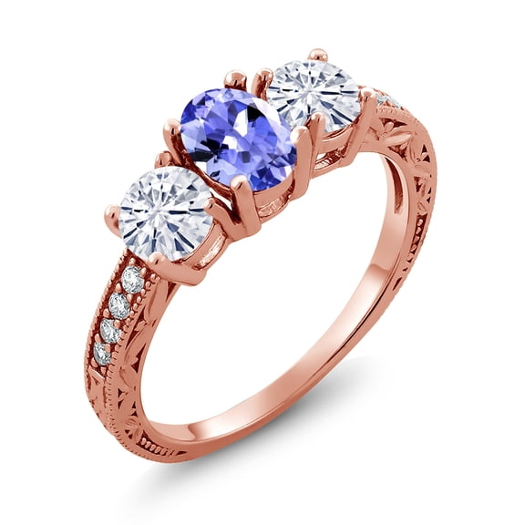 Gem Stone King 18K Rose Gold Plated Silver 3-Stone Ring Tanzanite Moissanite(1.87 Cttw) (Size 6)