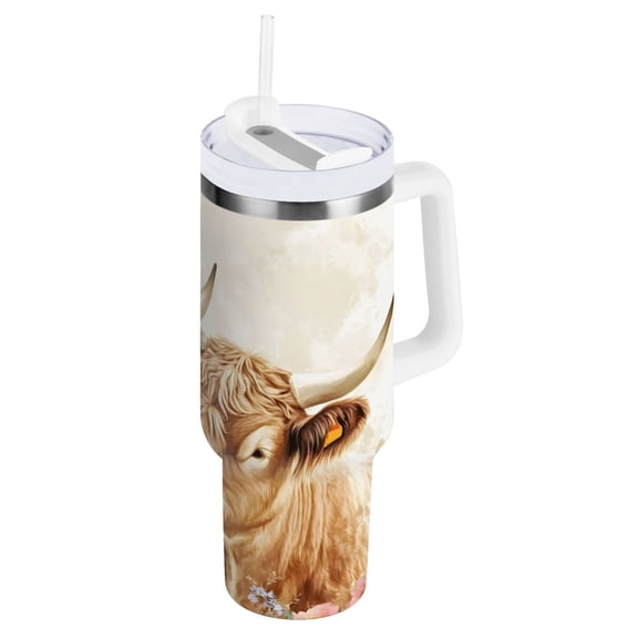 Ryvnso 40 oz Tumbler with Handle and Straw Insulated Stainless Steel Travel Mug with Lid Highland Cows