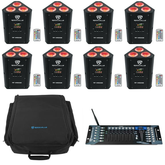 (8) Rockville RF WEDGE BLACK RGBWA UV Wireless DMX Lights Backpack Controller