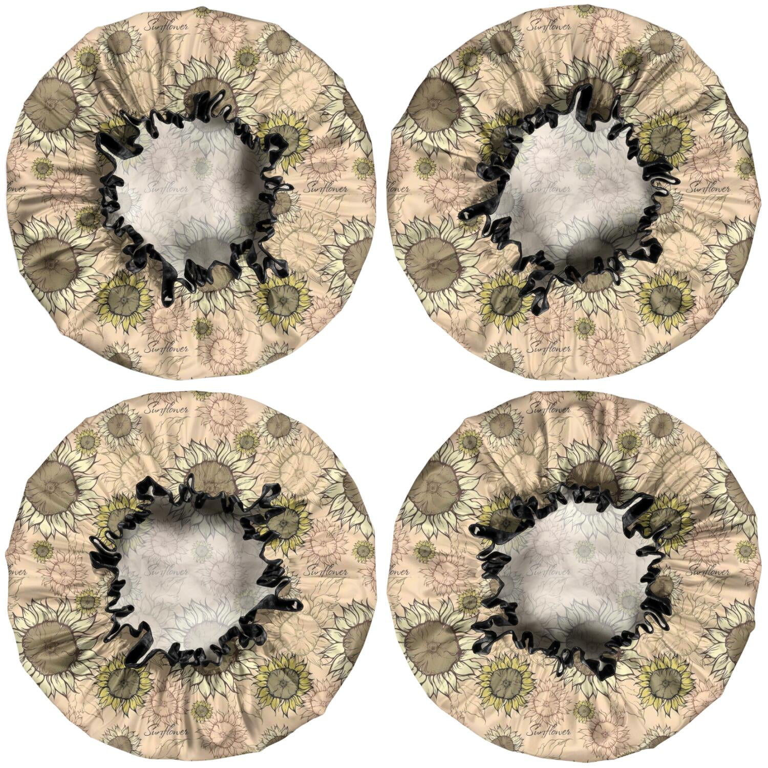 Shower Caps,Beige Sunflower Small Flower Pattern Waterproof Shower Cap for Women 4 Pieces,Double Reusable Hair Cover for Shower PEVA Elastic Stretch Hem