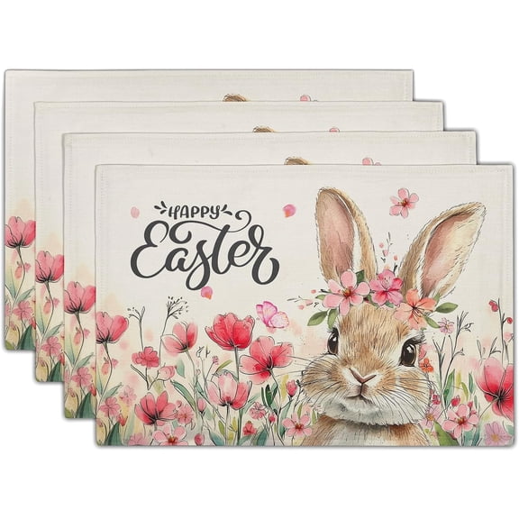 Happy Easter Placemats Set of 4, 12x18 Inch Spring Pink Flowers Bunny Place Mat Heat Resistant Washable Durable Rectangle Dining Table Mats Farmhouse Kitchen Holiday Party Decor
