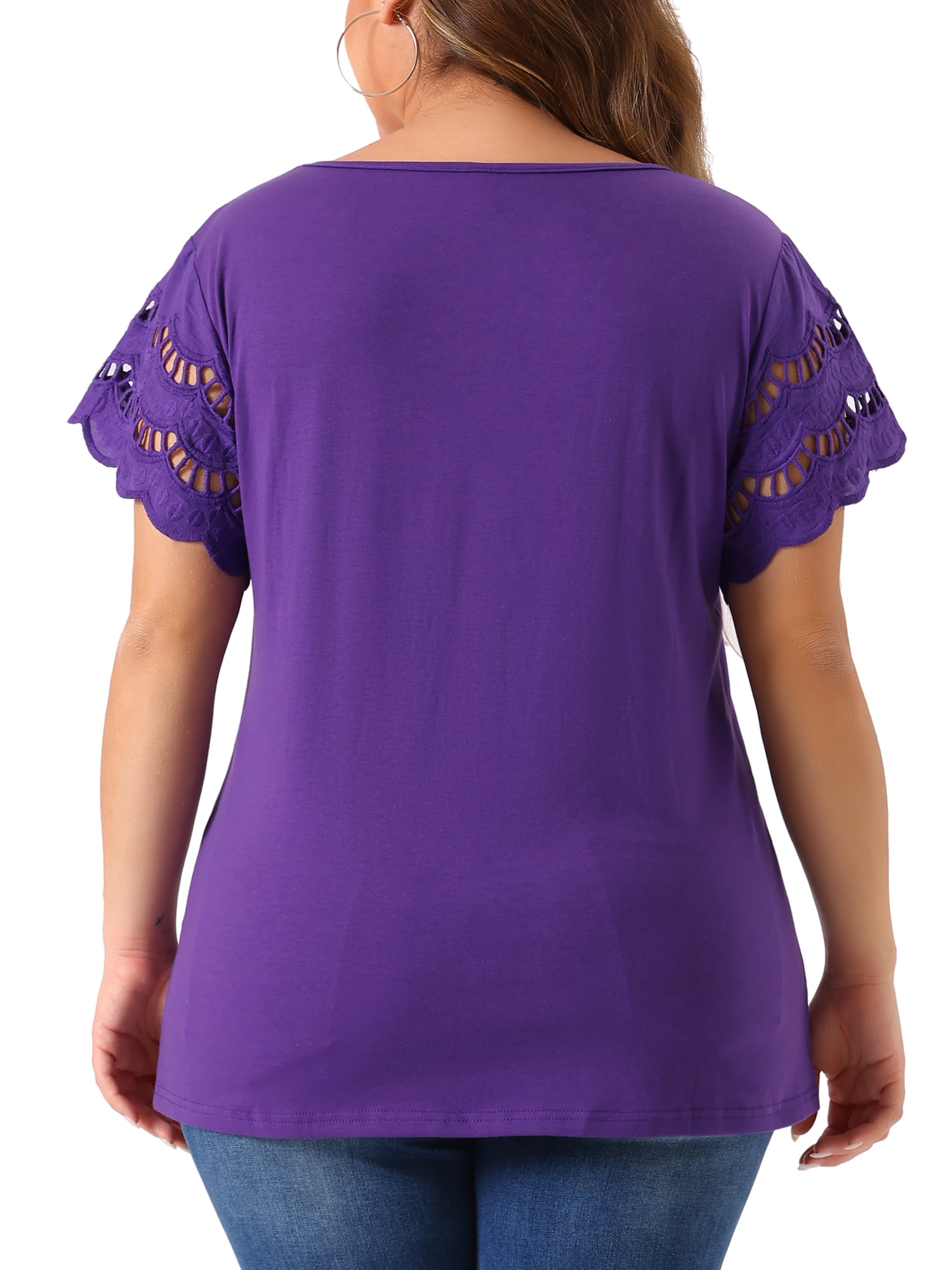 DARING DIVA Women's Plus Size Round Neck Lace Panel Blouses 4X Purple