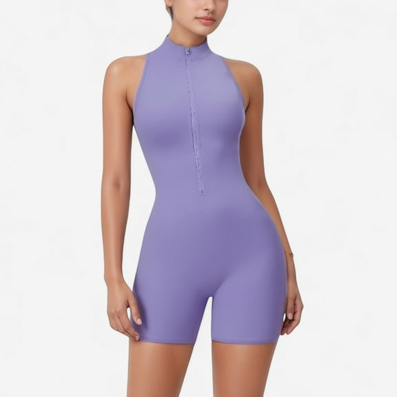 Women's Sleeveless Zip Front Active Romper with High Neck and Fitted Stretch Fabric - Large, Purple