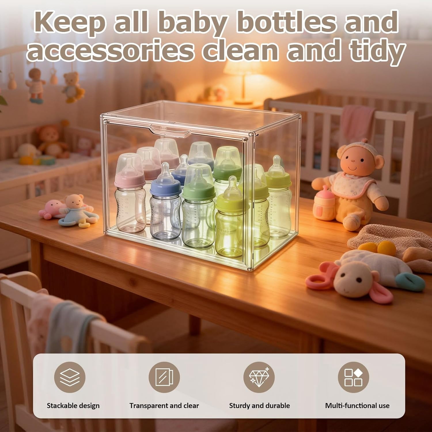 Baby Bottle Organizer, Stackable Clear Cabinet And Countertop Storage Bin With Magnetic Door For Bottles, Pacifiers And Pump Parts, Clear