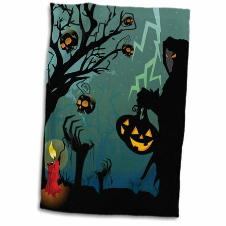 3dRose Halloween Scene With Grim Reaper With Pumpkins, Candle, and Skulls On A Scary Tree With Lightening - Towel, 15 by 22-inch