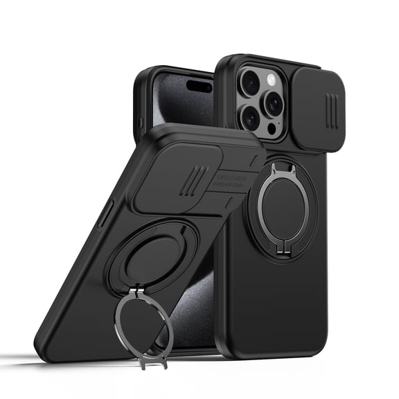 TECH CIRCLE for iPhone 15 Pro Max 360 Rotating Ring Kickstand Magnetic PC TPU Case with Slide Camera Cover Rugged Dual Layer Shockproof Protective Anti-Fingerprint Phone Cover,Black