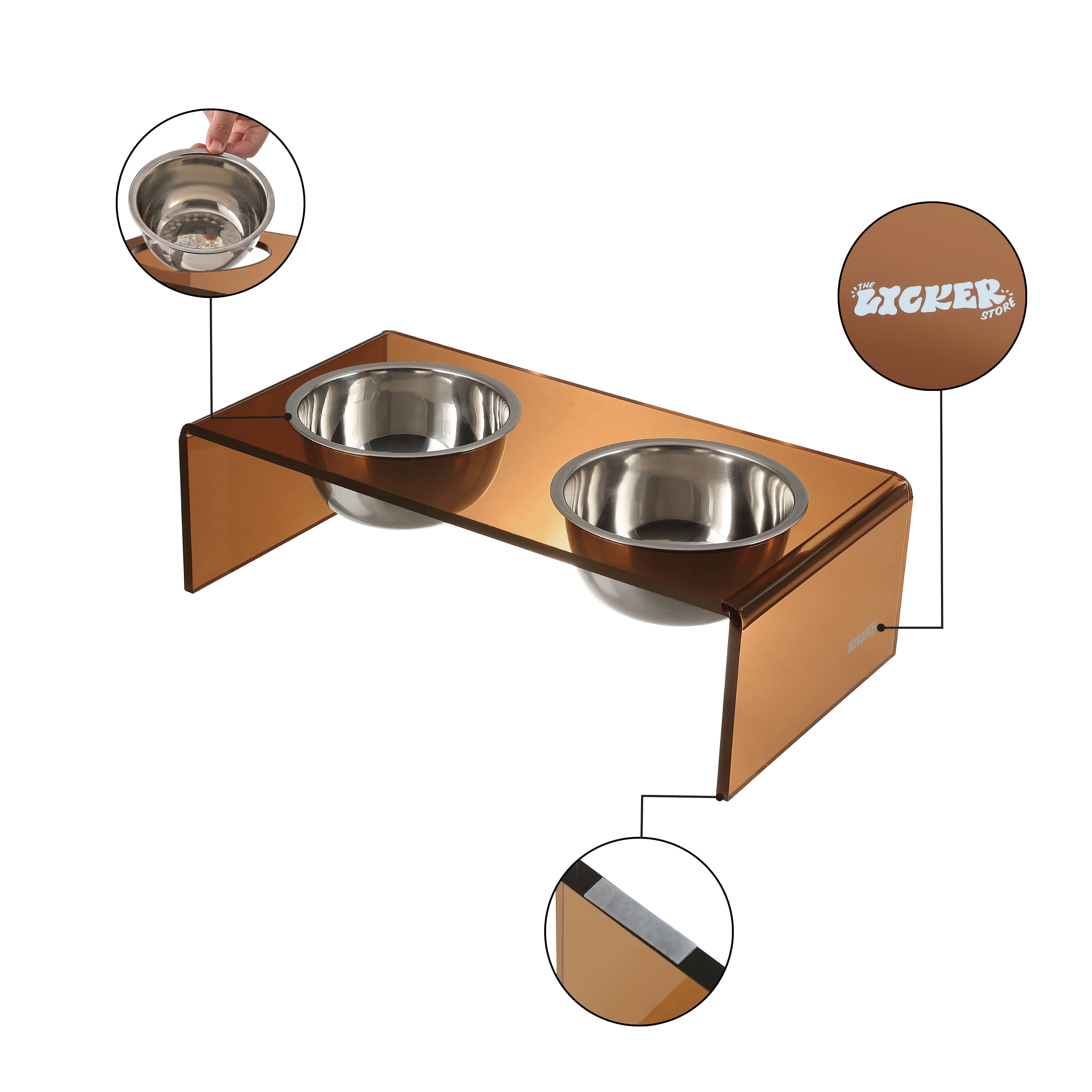 THE LICKER STORE Keaton 7.5" Medium/Large Modern Acrylic Rectangular Elevated Pet Feeder with 54oz 2-Stainless Steel Bowls, Amber/Chrome, DBL2001D