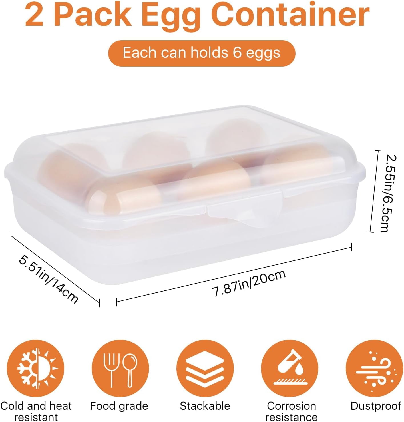 2 Pack 6 Grid Egg Container, Plastic Egg Holder for Fridge, Shockproof Leak-proof Egg Storage Box, Portable Egg Tray for Camping Picnic Hiking Travel Outdoor (Clear White)