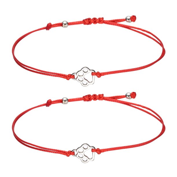 Brazaletes de pata de perro para mujeres, brazalete de cuerda de impresión de pata de gato, memorial, hecho a mano, con hilo ajustable rojo, paquete de 2