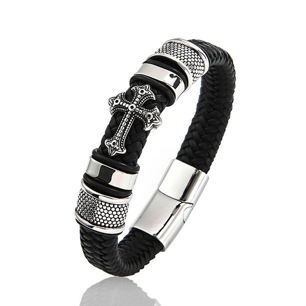 Black Pulsera de cuero cruzada para hombre, pulsera tejida con nombre personalizado, cierre magnético, regalo