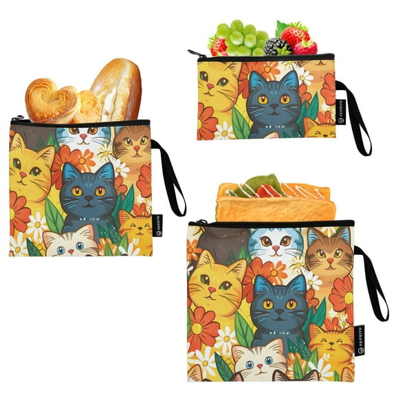 Dailycode Reusable Ziploc Bags Leakproof Sandwich Snack Freezer Bags Cute Cats and Flowers 3 pack