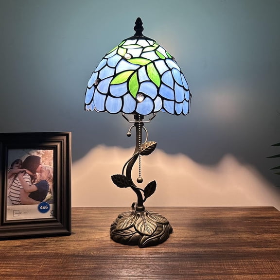 Blue Stained Glass Table Lamp Green Leaves LED Bulb Included for Living Room Bedroom Bedside 8"W*8"D*16"H