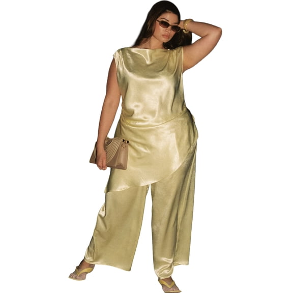 ELOQUII Women's Plus Size Textured Satin Wide Leg Pant