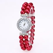 Vintage Era Pearl and Crystal Halo Stretch Elastic Watch for Woman Any Occasion Wedding Accessories Ruby Red