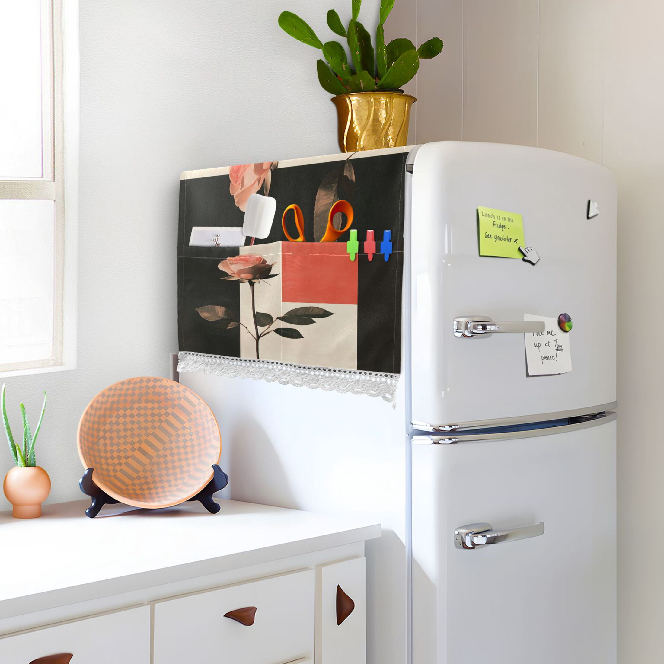 Pink RoseWasher and Dryer Covers Dust-Proof and Oil Resistant Fridge Cover with 4 Storage Pockets Washing Machine Top Cover for Laundry Kitchen Home 51.2 x 22 In