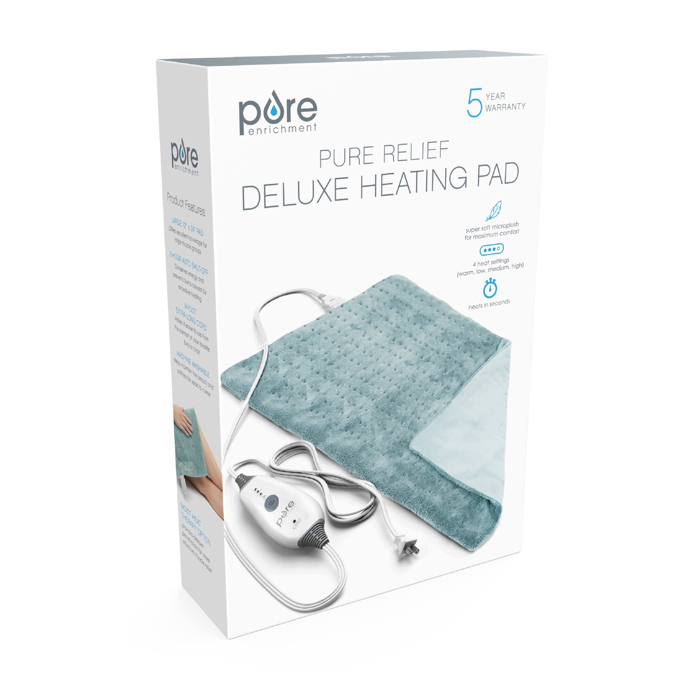 Pure Enrichment PureRelief Deluxe Heating Pad (12" x 24"), Full Body Therapy Pad with 4 InstaHeat Settings, Soft Machine-Washable Microplush Fabric and 2-Hour Auto Safety Shut-Off (Sea Glass)