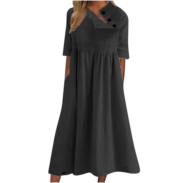 Économies d'Été! PEZHADA Robes d'Été pour Femmes, Robe Grande Taille pour Femmes, Robes Midi pour Femmes, Robe Mode Imprimée à Manches Courtes, Col Rond, Bretelles, Chandail, Noir