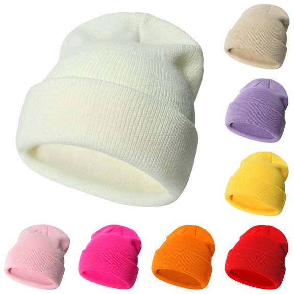 Krdevn Unisex Kids Solid Ribbed Knit Beanie Stretch Thermal Winter Headwear for Boys and Girls White,3-24 Months