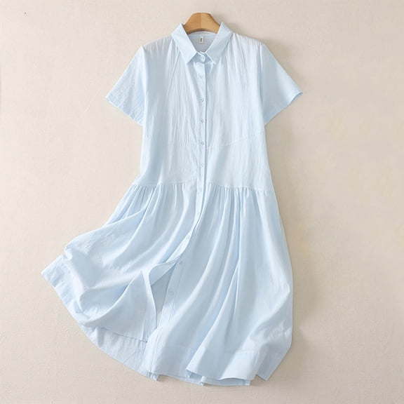 Blmnix A Line Dresses Women's Dresses Petite Summer Dresses Polo Button Down Under Dresses Collared Short Sleeve Blue Mid-Length Sunmer Dresses for Women 2026 XXL