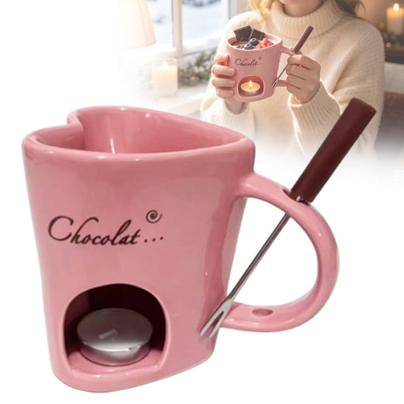 Heart Shaped Ceramic Fondue Mug | Oimcto 200Ml Melting Pot with Stainless Fork & Tealight Warmer for Chocolate & Cheese