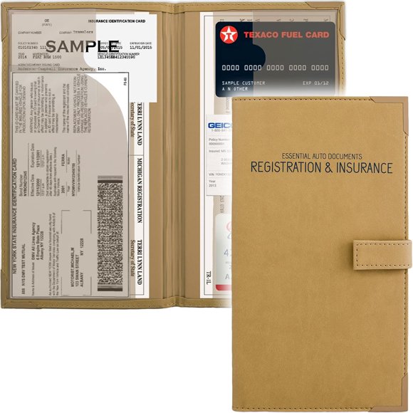 Porte-cartes d'Assurance et d'Immatriculation Auto - Boîte à Gants pour Véhicule Organisateur de Documents - Porte-Documents Essentiels pour Voiture pour DMV, AAA, Cartes d'Informations de Contact - Étui Portefeuille en Cuir PU Premium - Beige
