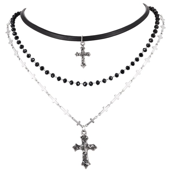 VNOX Silver Tone Alloy Black Crystal Bead Cross Layered Necklace for Women, Birthday Gift