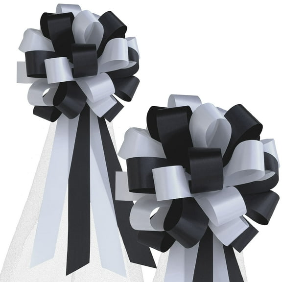 Black and White Pull Bows with Tulle Tails - 8" Wide, Set of 6, Wedding Pew Bows, Aisle Decoration. Reception, Anniversary