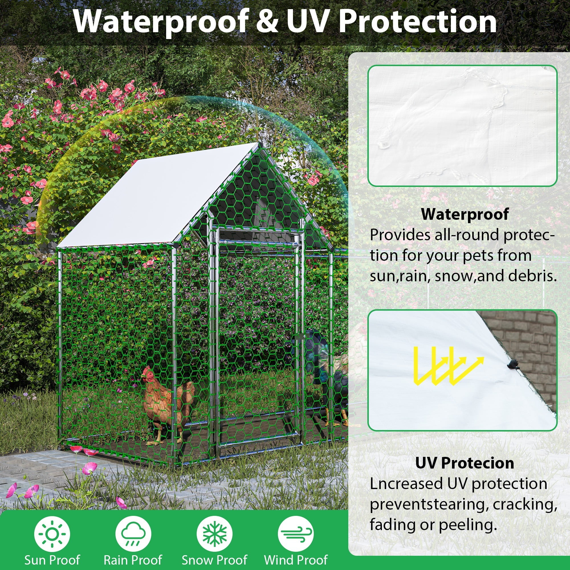 Aukfa 16x3FT Metal Chicken Coop with Run, Outdoor Backyard Hen House Poultry Habitat Cage w/Cover