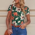 thumbnail image 6 of KLL Women 's Crew Neck Bodysuit Jumpsuits Lilies Flowers Print Short onesies Stretch T Shirts, 6 of 7