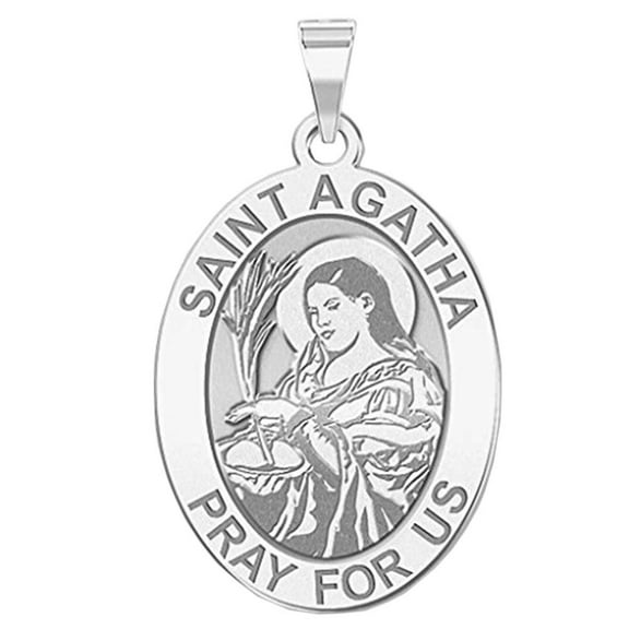 PicturesOnGold.com Saint Agatha Religious Oval Medal Female Adult - 1/2 inch x 2/3 inch - Solid 14K White Gold
