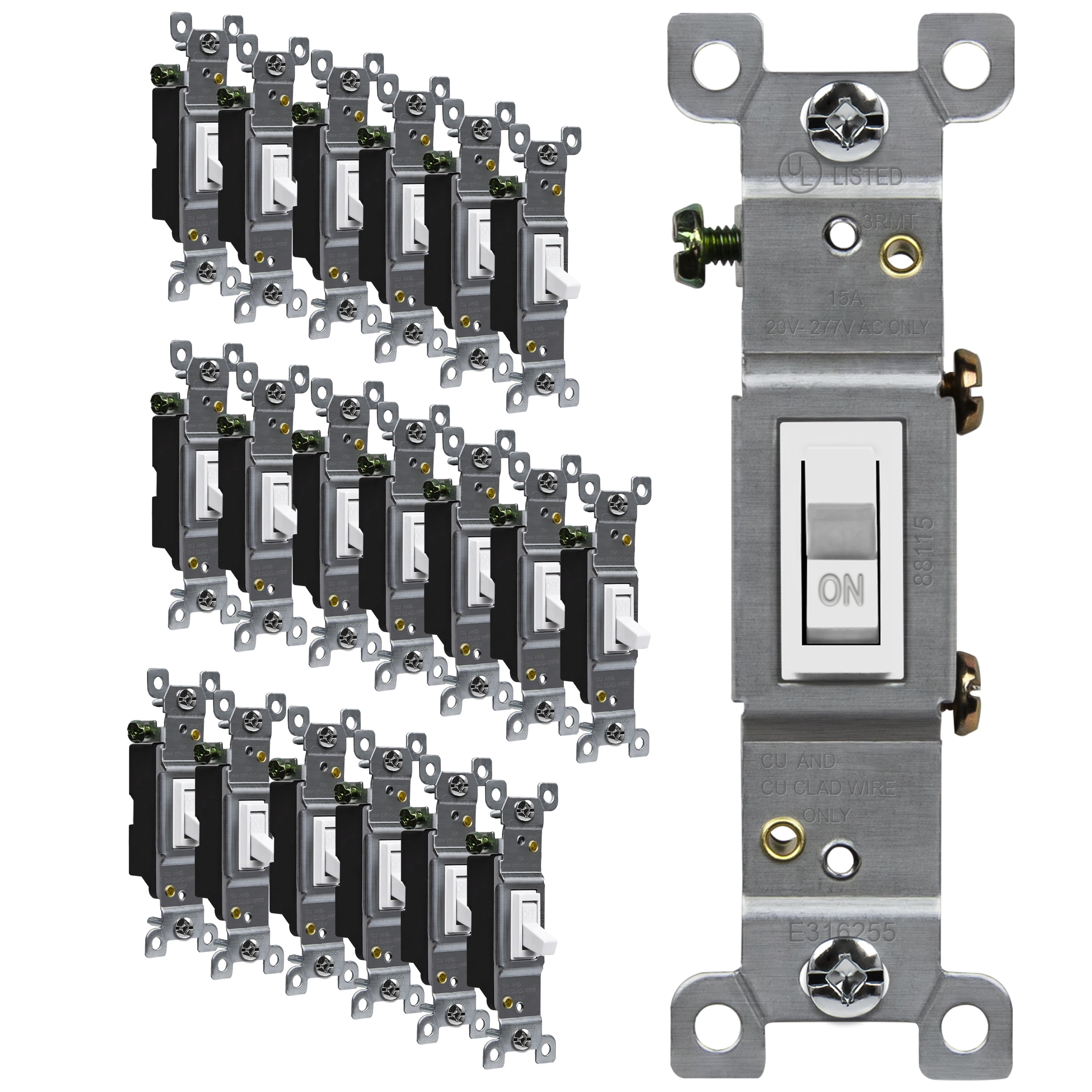ENERLITES Toggle Light Switch, Single Pole, 15A 120V Grounding Screw, Residential Grade 20-CT