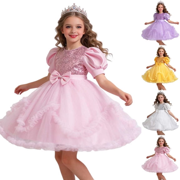 SGFCWSX Girls Princess Dress Sequin Puff Short Sleeve Bow Waist Ruffle Tulle Ball Gown for Birthday Party Wedding Flower Girl Pink Size 7-8 Years