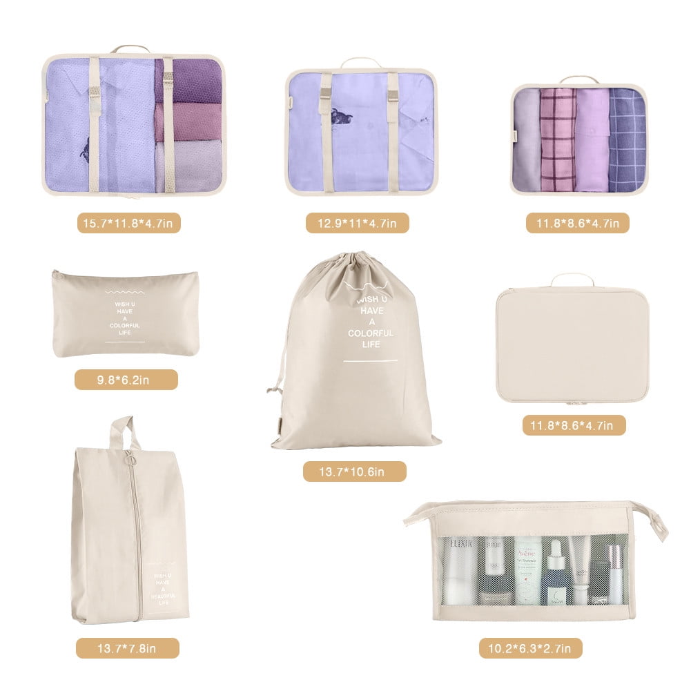 Koovon 8Pcs Travel Packing Cubes, Foldable Suitcase Organizer, Lightweight Luggage Bag, Beige  (图4)