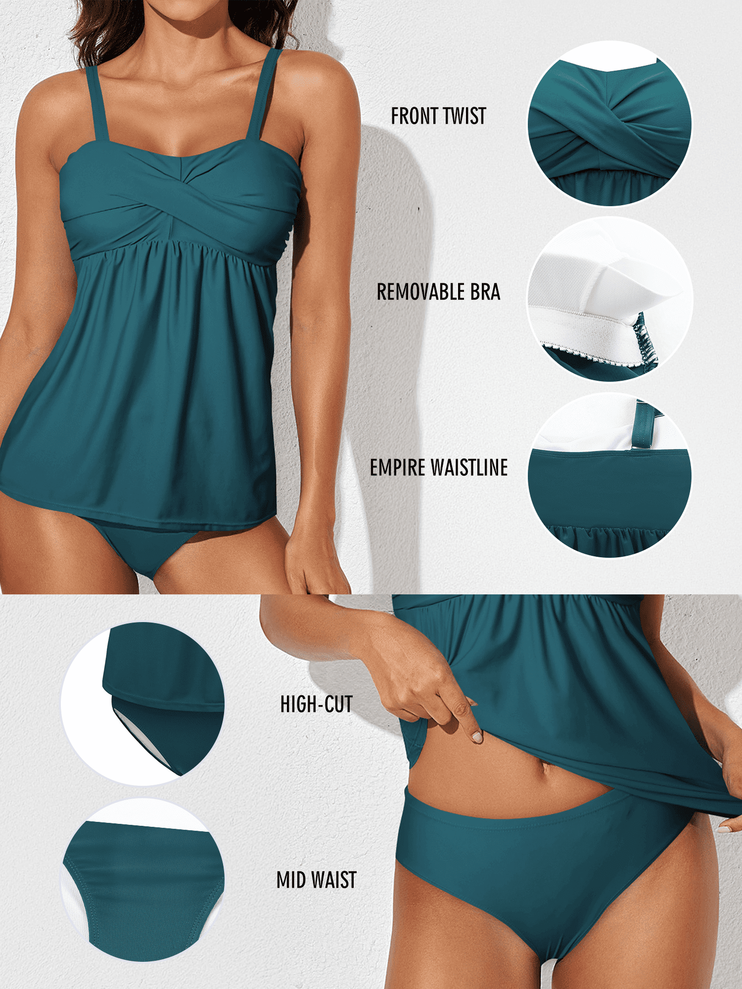 DOKOTOO Women Tankini Set Two Piece Padded Bathing Suits Swimsuit Ruched Tankini Top with Swim Brief 2PCS Swimwear Green M 8-10