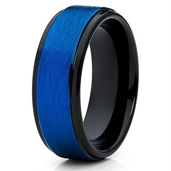 Blue & Black Tungsten Wedding Ring 8mm Tungsten Carbide Ring Brushed Olivit Wedding Band Comfort Fit Men Women
