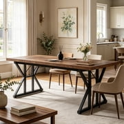 Fnova 70.86 Inch Farmhouse Dining Table, X-Shaped Metal Legs, Large Rectangular Kitchen Table for 6-8 People, Heavy Duty Dining Room Furniture