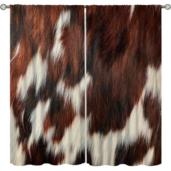Cowhide Window Curtains, Brown Cow Print Farm Animal Fur Skin Blackout Window Drapes Western Cowboy Farmhouse Window Treatments Living Room Bedroom Decor 2 Panels Set55x63 Inch