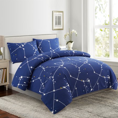 Hong and Arts Inc. Printed Rayon from Bamboo Duvet Cover Fitted Sheet Ensemble Bedding Set with Zipper and Corner Tie, Navy Blue Asterism Galaxy Royal