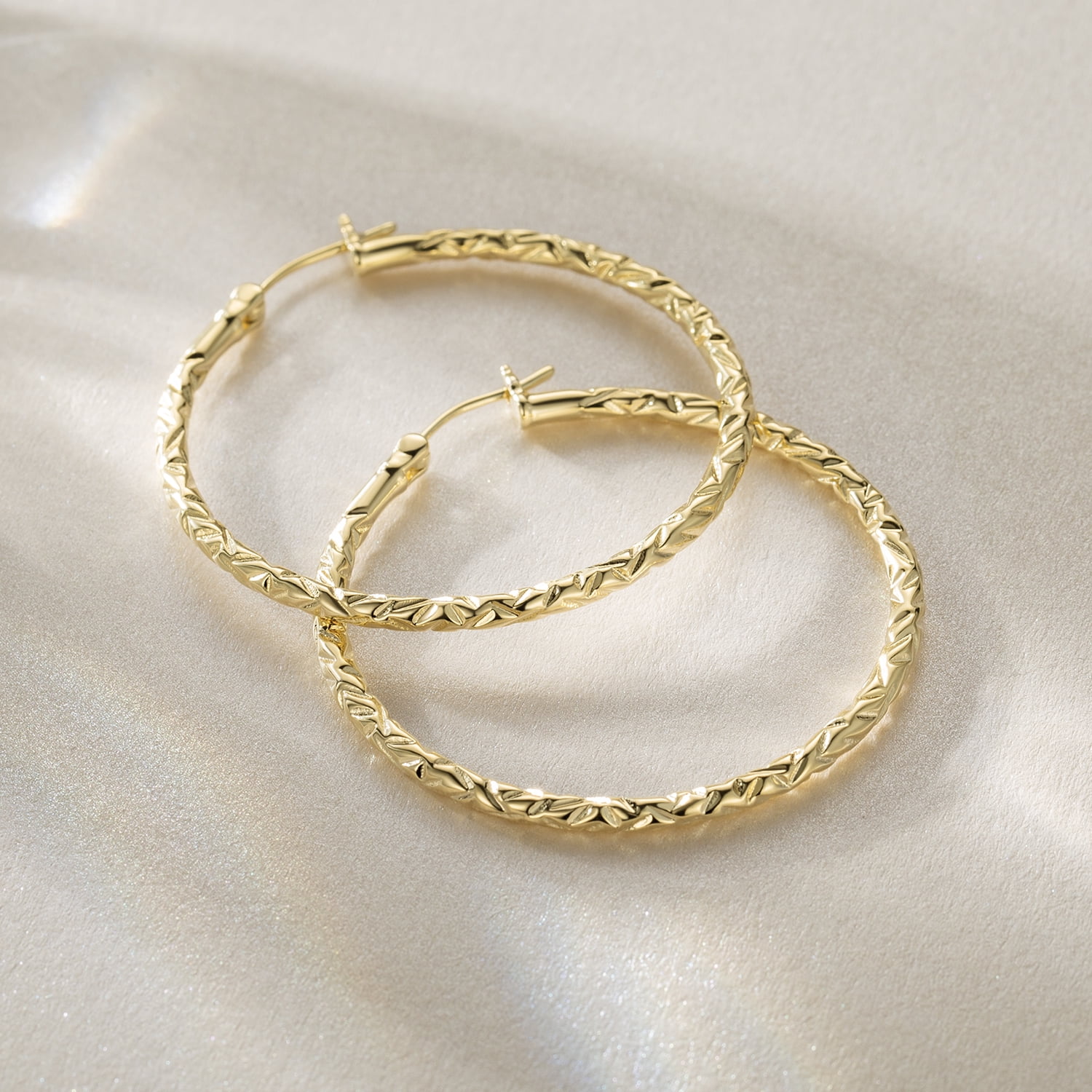 14K Gold Hoop Earrings for Women Textured 40mm Large Gold Hoops with Engraved Braided Pattern, Lightweight Everyday Statement Gold Plated Jewelry