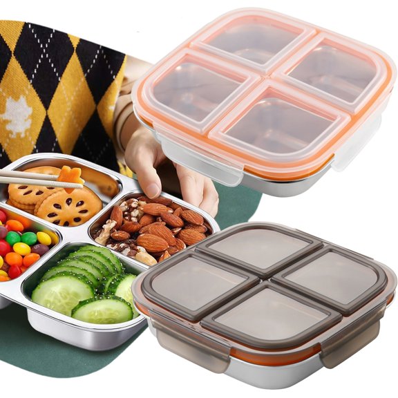 600ml 304 Stainless Steel 4-Compartment Portable Lunch Box with Sealed Leakproof Lid, 17.5x17.5x5cm