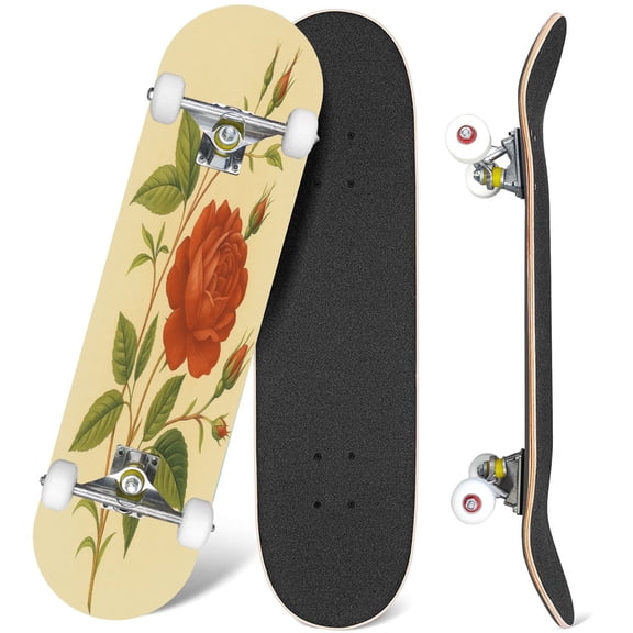 31'' Complete Skateboard 7 Layer Canadian Maple Double Kick Deck Skateboards tea rose antique flower antique rose Skate Board for Beginner Adult Gifts