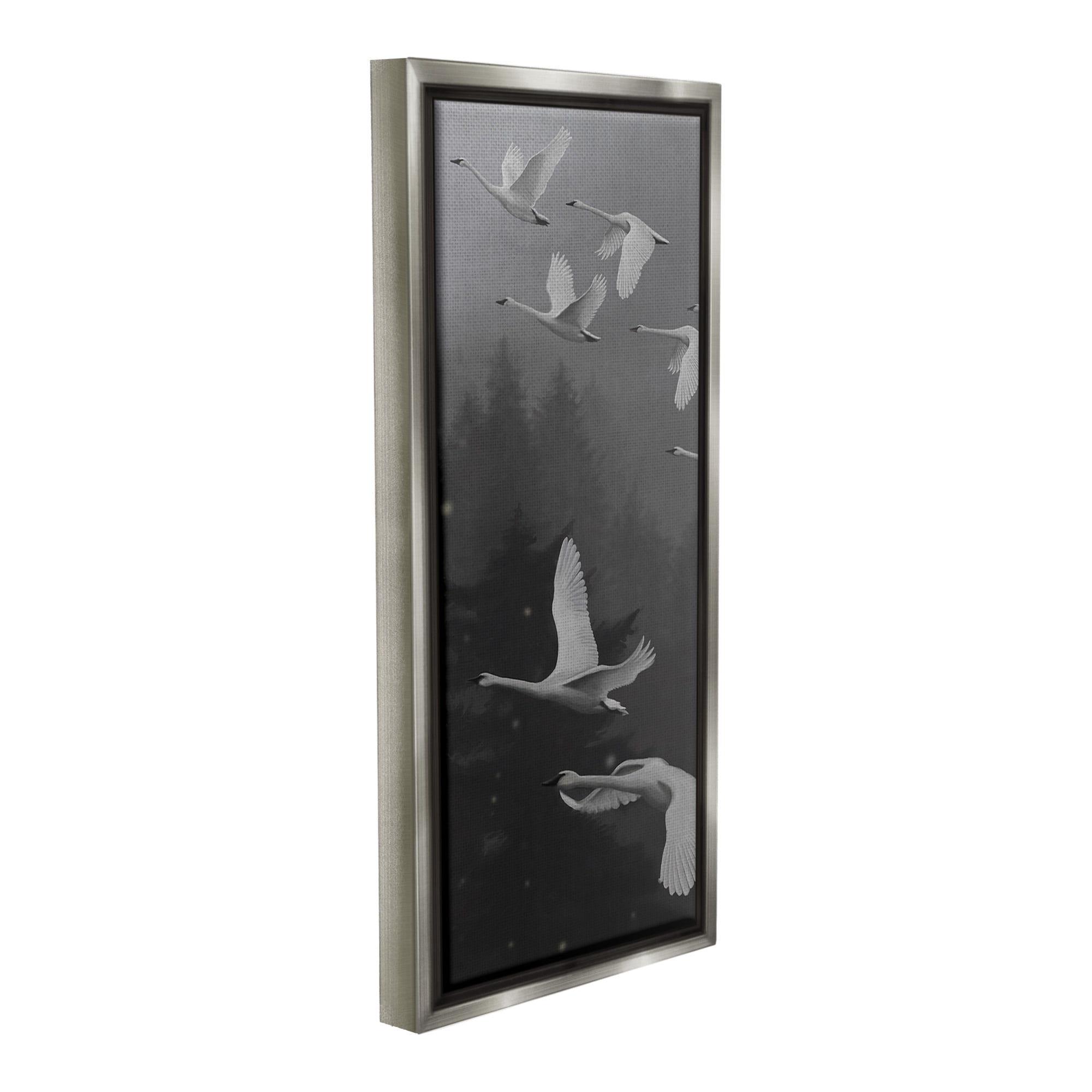 Stupell Industries Flying Swan Flock Animals & Insects Painting Gray Floater Framed Canvas Art Print Wall Art, 11 x 25