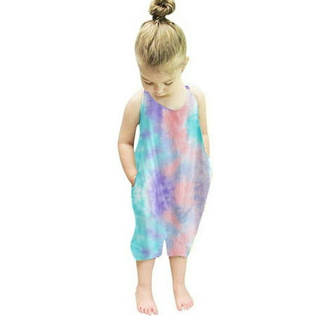 

Bagilaanoe Toddler Girls Summer Jumpsuit Tie Dye Print Halter Hollow Back Romper