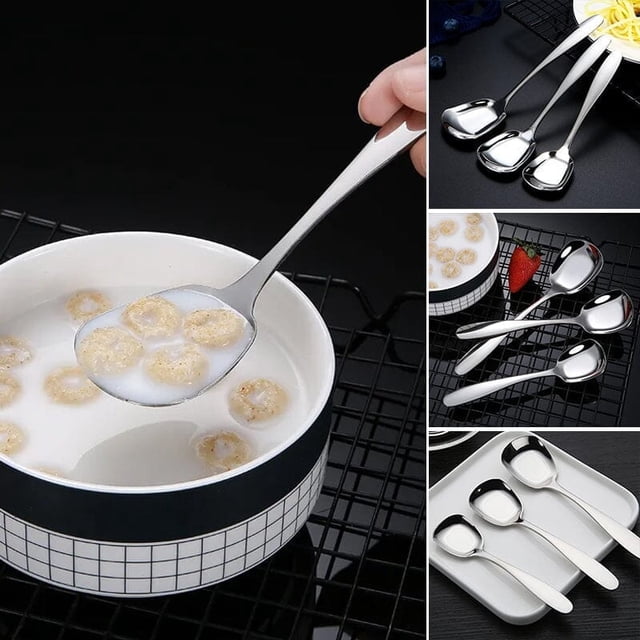 Cagogo 3Pcs Stainless Steel Spoon, Square Flat Bottom Dessert Spoon Rice Spoon, CreativeKidsSpoon for Soup Congee, 410 Stainless Steel Mirror Polished Spoon for Home Kitchen Dining