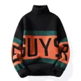 thumbnail image 2 of Suéter de punto para hombre, cuello alto empalmado, ropa blanca para hombre, jerseys de cuello alto, estampado, moda coreana, novedad de 2025, ajuste X Over Fit A, 2 of 5