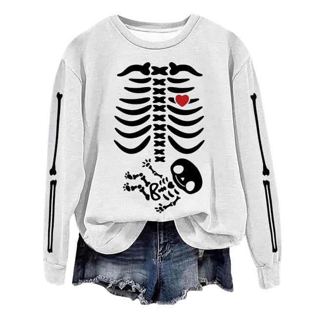 Chandail de Mode Automne Hiver pour Femmes, Manches Longues Fines, Col Rond, Imprimé Halloween, Sans Capuche, Décontracté