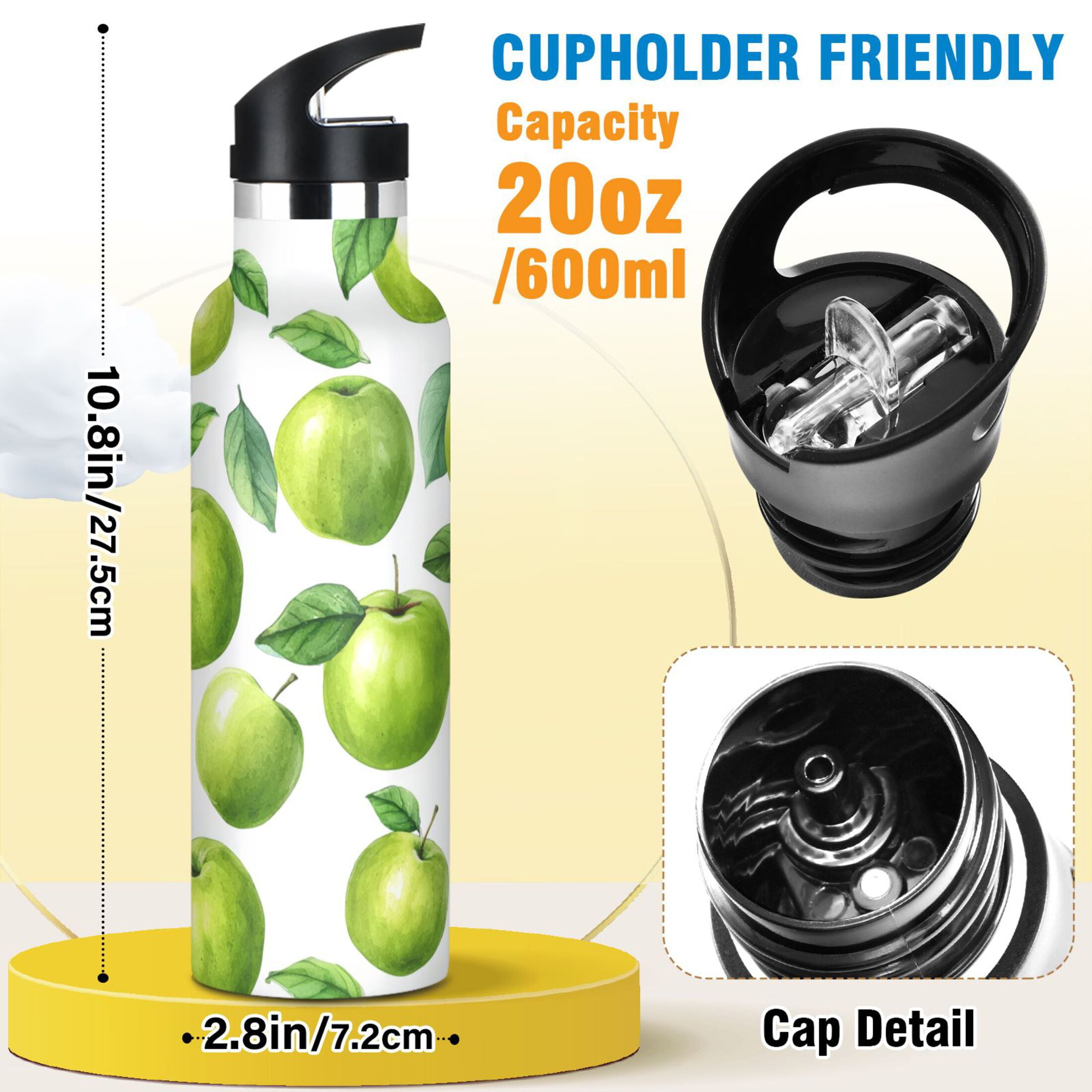Kids Insulated Stainless Steel Sports Water Bottle 600ml (20oz) Cartoon Green Apples Pattern